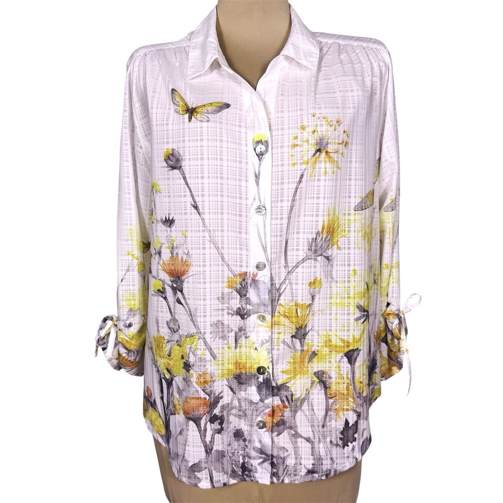 Butterfly Floral Button Down Blouse Size PM 3/4 Sleeve Ties Cottagecore Garden‎